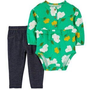 NWT. CARTER'S Baby Girl Green Floral Bodysuit and Pants 2-Pc Set